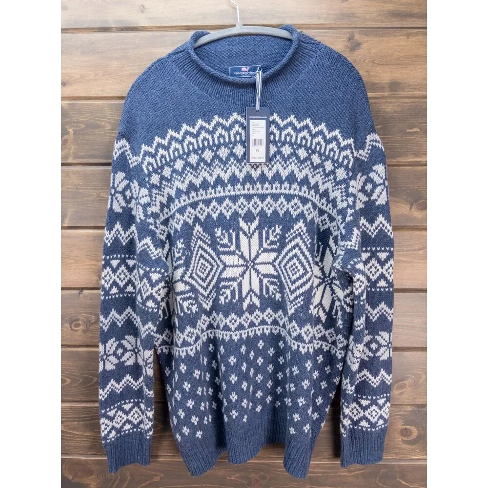 Vineyard Vines Chunky Snowflake Roll Neck Sweater Nordic Navy XL NWT Merino Wool